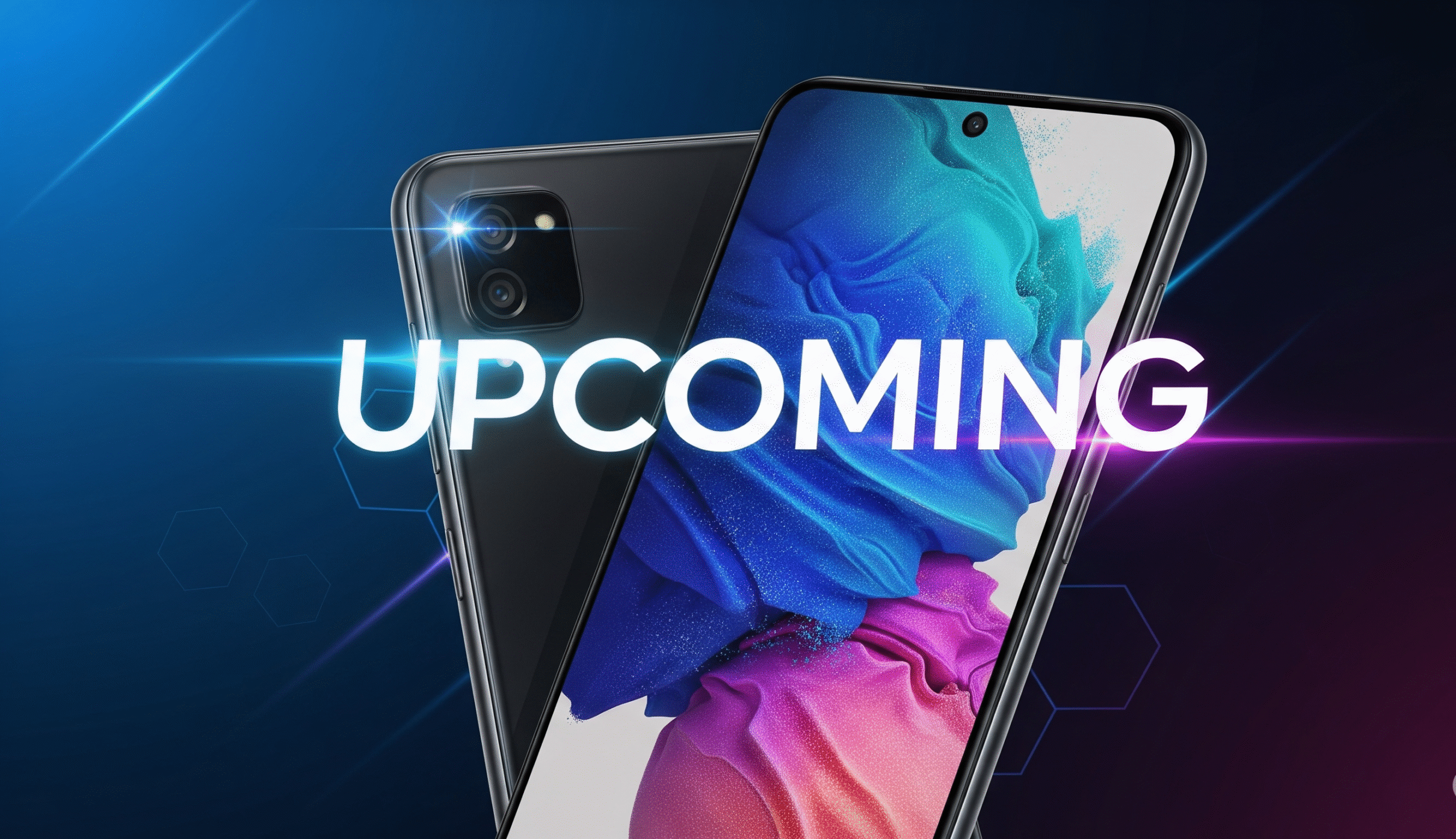 Samsung Galaxy A17 5G smartphone with sleek design, large AMOLED display, triple rear camera, and an ‘Upcoming’ tag highlighted on a modern blue and black gradient background.