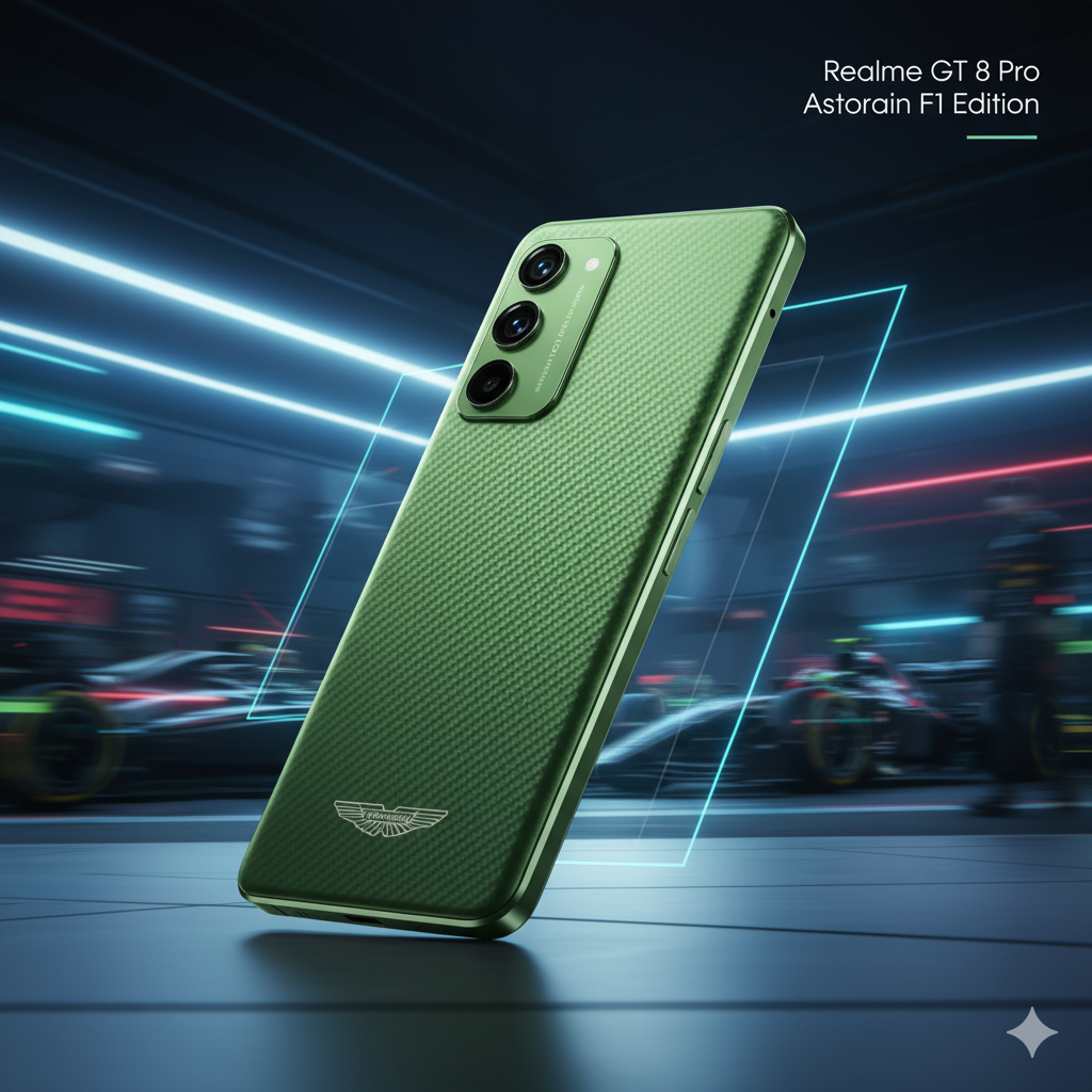 Realme GT 8 Pro Aston Martin F1 Edition smartphone in Racing Lime Green color with Aston Martin logo, showcased on a futuristic Formula 1 racetrack background symbolizing speed and luxury.
