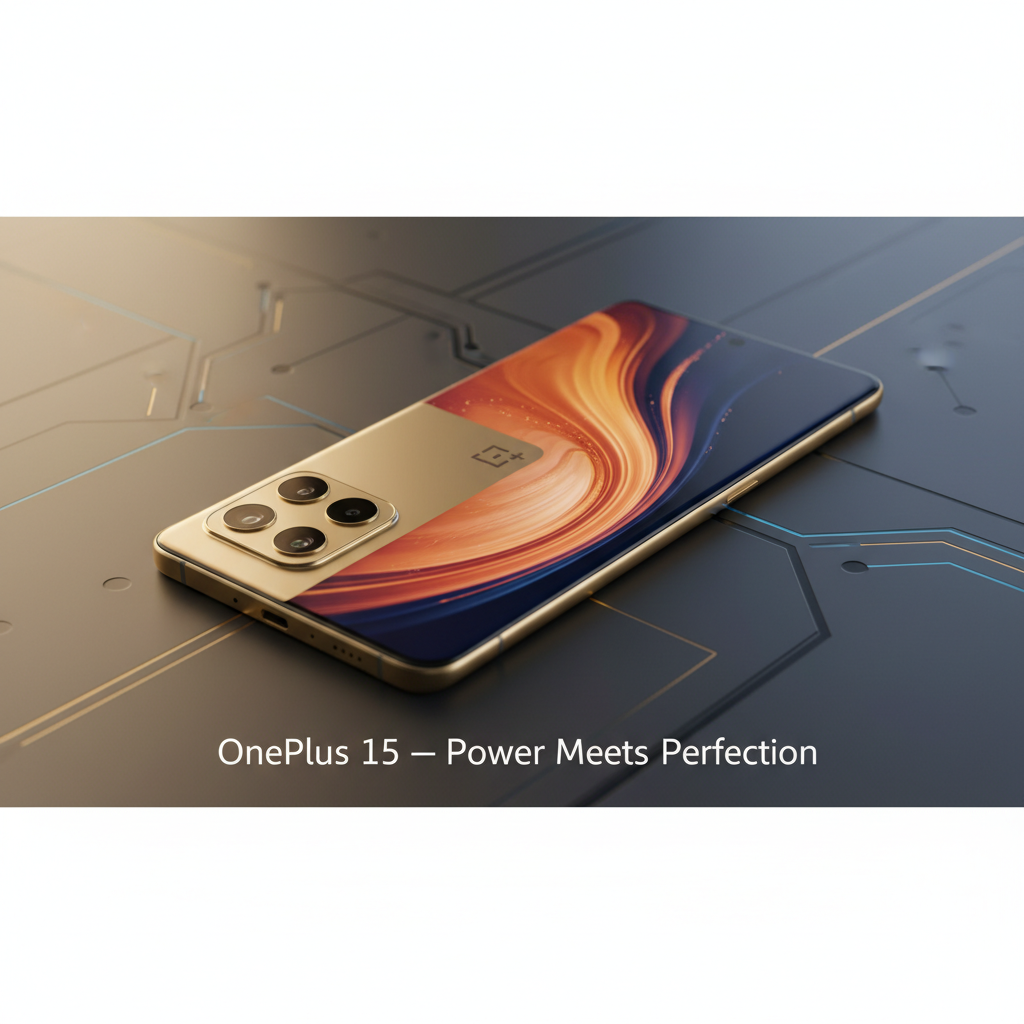 OnePlus 15 smartphone in Sand Storm gold color displayed on a modern tech background, featuring a flat 6.78-inch screen and triple rear camera setup, with the banner text “OnePlus 15 – Power Meets Perfection.